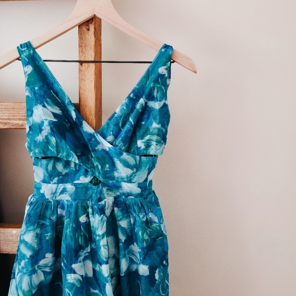 NWT Lulus Flowering Day Dream Teal Blue Floral Organza Midi Dress – Size S - Picture 2 of 15